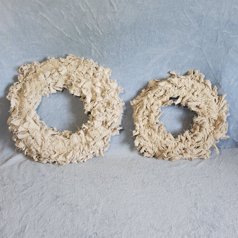 Set of 2 Rustic Cream Rag Wreaths Primitive Country Shabby Chic Door Decor